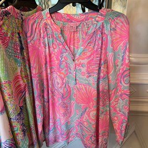 Lilly Pulitzer Elsa Silk Top Pink Pout Too Much Bubbly Sz Medium